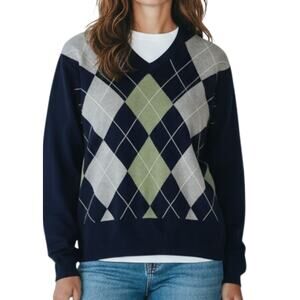 J Crew Argyle Sweater Navy Blue V Neck Cotton Knit Size XL